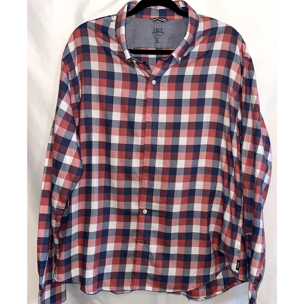 Izod Saltwater Shirt Men's Size XXL Red Blue White Plaid Long Sleeve Button Up